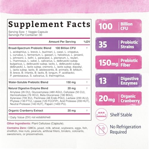 Probioticos Bonawell para Mujeres 100B, con Prebióticos, Enzimas Digestivas, Arándano Orgánico, Estables a Temperatura Ambiente, 30 Cápsulas Veganas - imagen 2