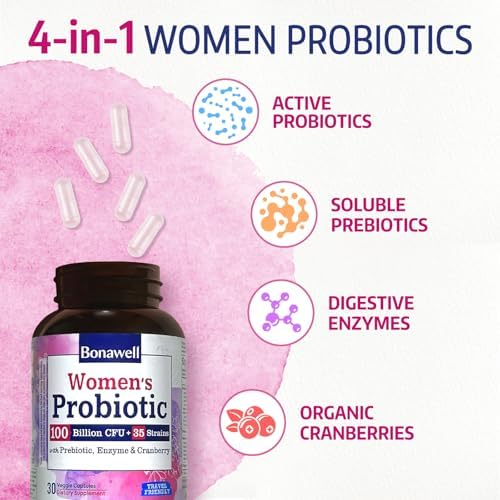 Probioticos Bonawell para Mujeres 100B, con Prebióticos, Enzimas Digestivas, Arándano Orgánico, Estables a Temperatura Ambiente, 30 Cápsulas Veganas - imagen 3
