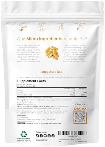 Vitamina B2, Riboflavina 400mg | 240 Softgels con Aceite de Coco | Suplemento Energético Extra Fuerte | Vitaminas B Esenciales para Hombres y Mujeres - imagen 2