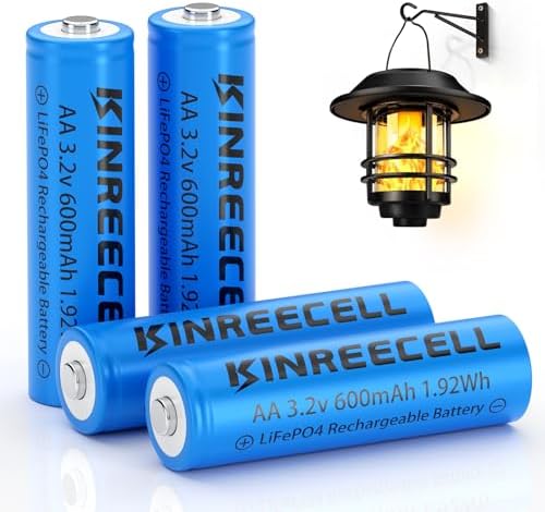 Batería KINREECELL AA 3.2v 600mAh LiFePo4, Pilas Doble A de Baja Autodescarga para Luces Solares, Faroles y Postes Solares (Paquete de 4) - imagen 1
