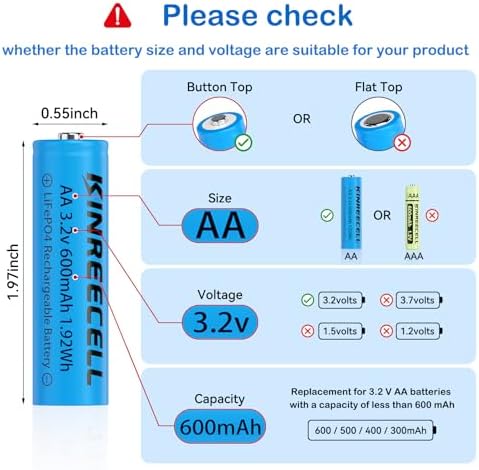 Batería KINREECELL AA 3.2v 600mAh LiFePo4, Pilas Doble A de Baja Autodescarga para Luces Solares, Faroles y Postes Solares (Paquete de 4) - imagen 3
