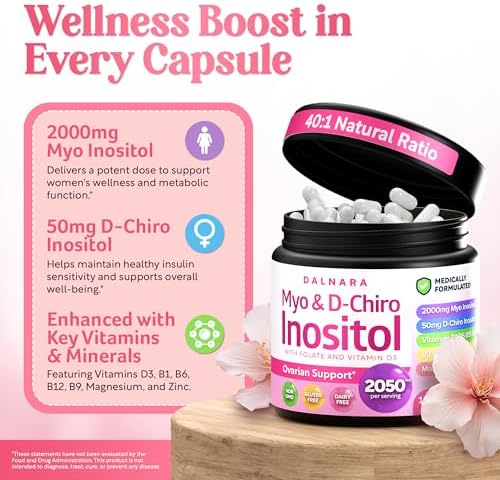 Suplemento de Myo-Inositol y D-Chiro Inositol Dalnara para Mujeres - Relación 40:1 con Folato, Vitamina D3, Magnesio y Zinc - Multivitamínico para el - imagen 2