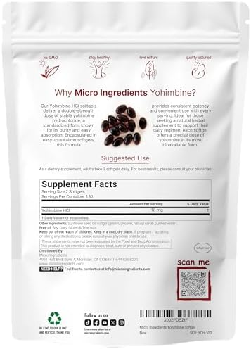 Suplementos de Yohimbina de Doble Fuerza para Hombres y Mujeres, 10mg por Porción, 300 Softgels, Yohimbina HCL con Aceite de Semilla de Girasol - imagen 2