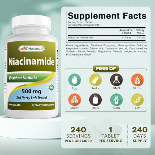 Best Naturals Niacinamida 500mg 240 Tabletas (Apropiadas para Vegetarianos) - Forma No Flusiva de Niacina (Vitamina B3) - imagen 2