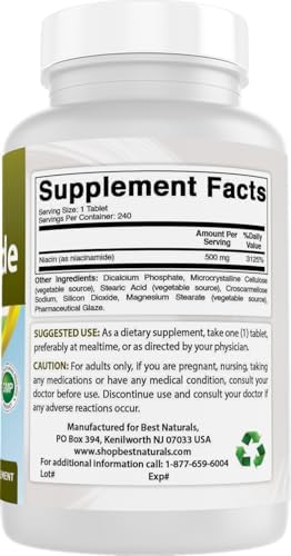Best Naturals Niacinamida 500mg 240 Tabletas (Apropiadas para Vegetarianos) - Forma No Flusiva de Niacina (Vitamina B3) - imagen 6