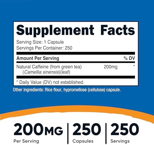 Nutricost Cafeína Natural 200mg, 250 Cápsulas Vegetarianas - Sin Gluten, No Transgénico - imagen 2
