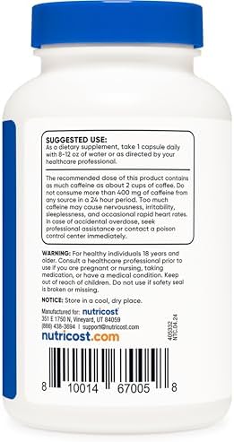 Nutricost Cafeína Natural 200mg, 250 Cápsulas Vegetarianas - Sin Gluten, No Transgénico - imagen 4
