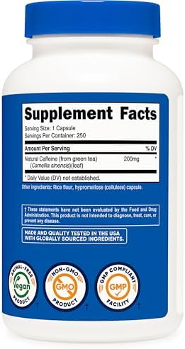 Nutricost Cafeína Natural 200mg, 250 Cápsulas Vegetarianas - Sin Gluten, No Transgénico - imagen 5
