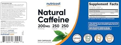 Nutricost Cafeína Natural 200mg, 250 Cápsulas Vegetarianas - Sin Gluten, No Transgénico - imagen 6