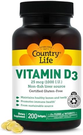 Country Life Vitamina D3 1000 IU (25 mcg) - Suplemento de Vitamina D - Apoyo Inmunológico, Huesos, Dientes y Músculos, Libre de Gluten, No OGM - 200 - imagen 1