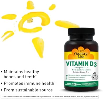 Country Life Vitamina D3 1000 IU (25 mcg) - Suplemento de Vitamina D - Apoyo Inmunológico, Huesos, Dientes y Músculos, Libre de Gluten, No OGM - 200 - imagen 4