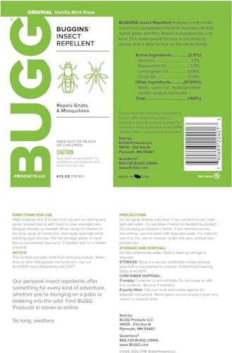 Repelente Natural de Insectos Buggins, Sin DEET, Repele Moscas y Mosquitos, a Base de Plantas, Aroma de Menta Vainilla y Rosa, 4 oz - imagen 3