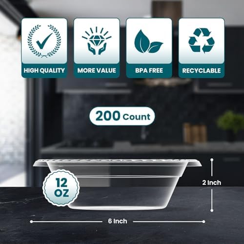 R-kay 200 Piezas de Tazones de Plástico Transparentes de 12 Oz - Tazones Desechables Resistentes y Aptos para Microondas - imagen 5