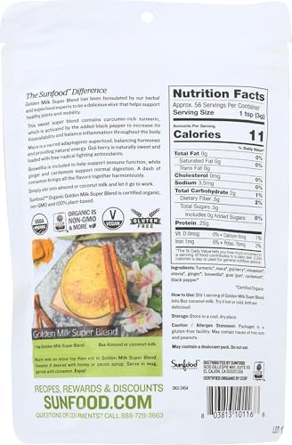 Sunfood Superfoods Mezcla Orgánica de Leche Dorada - Polvo para Latte de Cúrcuma con Jengibre, Pimienta Negra, Canela y Cardamomo, Vegano, Orgánico - imagen 2