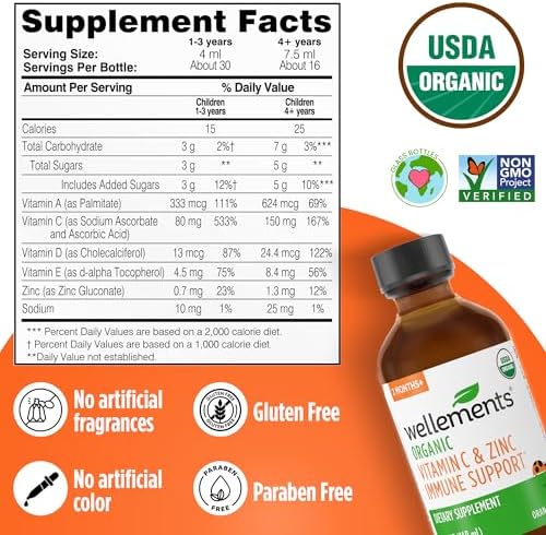 Jarabe Orgánico para Niños Wellements con Vitamina C y Zinc 2 Meses+ (4 Fl Oz) | Apoyo Inmunológico para Niños y Niños Pequeños, Sabor Naranja | Sin - imagen 3