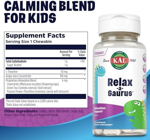 KAL Relax-a-Saurus, Suplemento para el Estrés Infantil, L-Teanina con Hierbas, Sabor Natural a Uva, 30 Chicles, Garantía de 60 Días - imagen 2