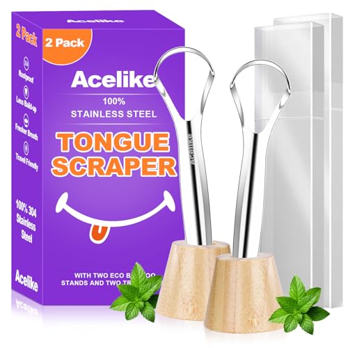 Raspador de Lengua para Adultos (2 Piezas), 2 Soportes de Bambú y 2 Estuches de Viaje, Acero Inoxidable 100%, Limpieza Oral y Higiene, Uso en Casa y - imagen 1