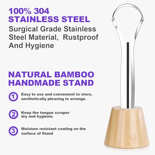 Raspador de Lengua para Adultos (2 Piezas), 2 Soportes de Bambú y 2 Estuches de Viaje, Acero Inoxidable 100%, Limpieza Oral y Higiene, Uso en Casa y - imagen 2