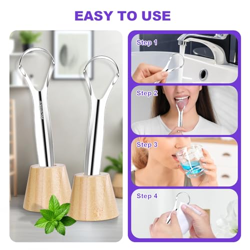 Raspador de Lengua para Adultos (2 Piezas), 2 Soportes de Bambú y 2 Estuches de Viaje, Acero Inoxidable 100%, Limpieza Oral y Higiene, Uso en Casa y - imagen 5