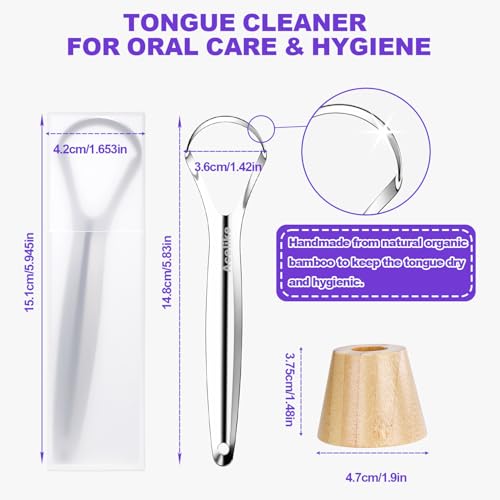Raspador de Lengua para Adultos (2 Piezas), 2 Soportes de Bambú y 2 Estuches de Viaje, Acero Inoxidable 100%, Limpieza Oral y Higiene, Uso en Casa y - imagen 6