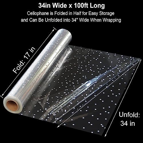 Rollo de celofán transparente extra ancho de 100 ft x 34 in con puntos blancos irregulares, ideal para envolver regalos, canastas y decoraciones - imagen 2