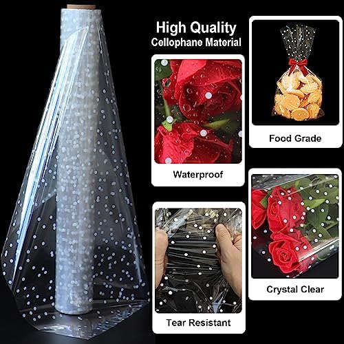 Rollo de celofán transparente extra ancho de 100 ft x 34 in con puntos blancos irregulares, ideal para envolver regalos, canastas y decoraciones - imagen 3