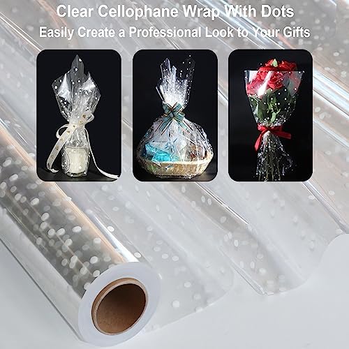 Rollo de celofán transparente extra ancho de 100 ft x 34 in con puntos blancos irregulares, ideal para envolver regalos, canastas y decoraciones - imagen 4