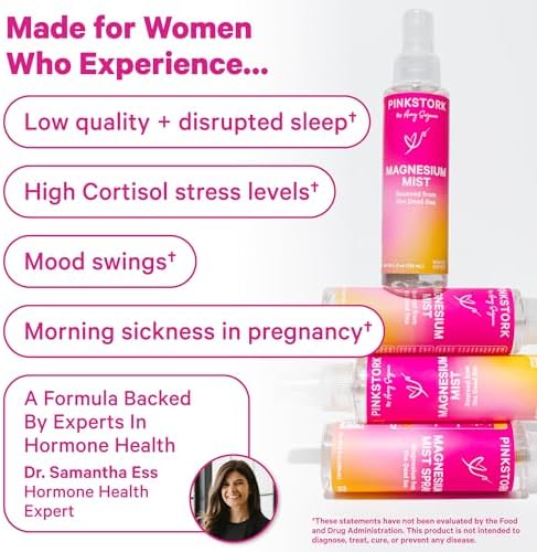 Spray de Magnesio Pink Stork - Para Calma, Estrés y Sueño, Apoyo contra Mareos, Esenciales para Embarazo, 200 mg por 6 Pulverizaciones, 4 oz, Sin - imagen 3