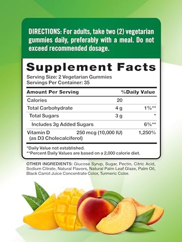 Gomitas de Vitamina D3 de Nature's Truth | 10000 IU | 70 piezas | Sabor Durazno-Mango | Suplemento Vegetariano, Sin OGM y Sin Gluten - imagen 2