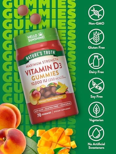 Gomitas de Vitamina D3 de Nature's Truth | 10000 IU | 70 piezas | Sabor Durazno-Mango | Suplemento Vegetariano, Sin OGM y Sin Gluten - imagen 3