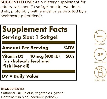 Solgar Vitamina D3 (Colecalciferol) 10 mcg (400 UI) - 250 Softgels - Apoya Huesos y Dientes Saludables - Sistema Inmunológico - Sin GMO, Sin Gluten, - imagen 2