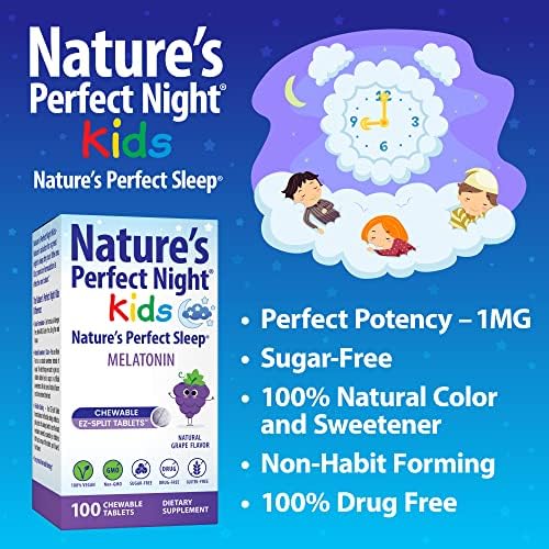 Nature's Perfect Night Niños | Melatonina 1mg | 100 Tabletas Masticables | Sabor Natural a Uva | Sin Azúcar | Vegano | Sin Gluten | Sin Medicamentos - imagen 2