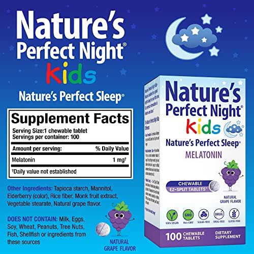 Nature's Perfect Night Niños | Melatonina 1mg | 100 Tabletas Masticables | Sabor Natural a Uva | Sin Azúcar | Vegano | Sin Gluten | Sin Medicamentos - imagen 3