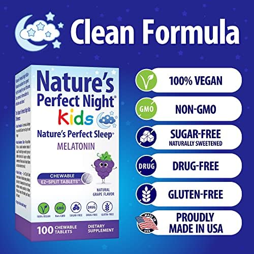 Nature's Perfect Night Niños | Melatonina 1mg | 100 Tabletas Masticables | Sabor Natural a Uva | Sin Azúcar | Vegano | Sin Gluten | Sin Medicamentos - imagen 4