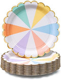 Platos de Papel Desechables Confettiville, Paquete de 50, 9 Pulgadas, Borde Ondulado en Foil Dorado, Rayas Pastel - imagen 1