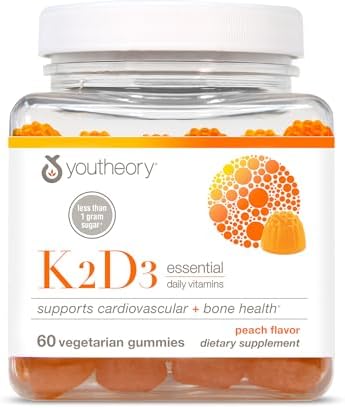 Youtheory K2D3 - Suplemento para Huesos y Corazón - Vitamina D3 y K2 - Sin Lácteos, Soja ni Gluten - Durazno, 60 Gomas Vegetarianas - imagen 1