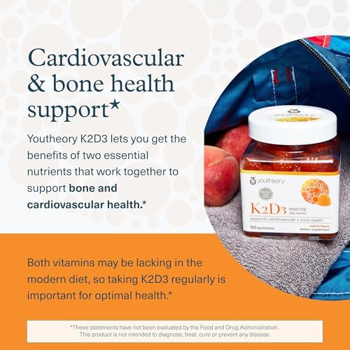 Youtheory K2D3 - Suplemento para Huesos y Corazón - Vitamina D3 y K2 - Sin Lácteos, Soja ni Gluten - Durazno, 60 Gomas Vegetarianas - imagen 4