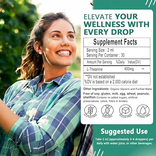 Gotas Líquidas de L Teanina, 400mg para Adultos y Niños, Suplemento Orgánico de Alta Absorción, Enfoque Natural, Sin OGM | Sin Gluten | 30 Porciones - imagen 7