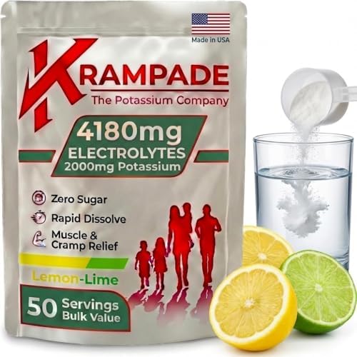 Krampade Polvo de Electrolitos Alto en Potasio Sin Azúcar Limón Lima, 4180mg Electrolitos, 2000mg Potasio, Alivio de Calambres, Hidratación Celular, - imagen 1