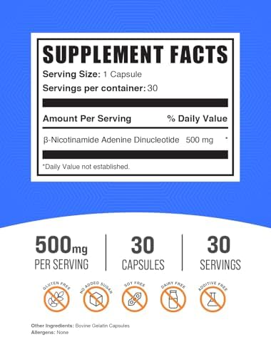 Cápsulas de NAD BulkSupplements.com - Suplemento de Nicotinamida Adenina Dinucleótido 500mg - Apoyo Energético, Puro y Sin Gluten, 30 Cápsulas - imagen 2