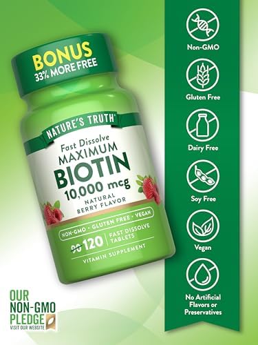 Biotina Nature's Truth 10000mcg | 120 Tabletitas de Disolución Rápida | Máxima Potencia | Sabor Natural a Baya | Suplemento Vegano, No GMO y Sin - imagen 3