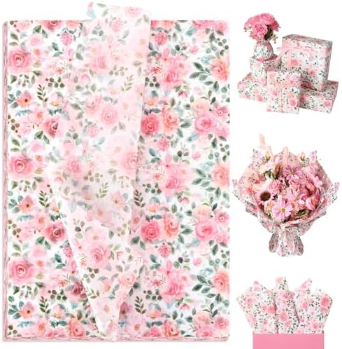 Papel de Seda Floral SUMMORO de 100 Hojas en Rosa para Regalos, 20 x 14 Pulgadas, Ideal para Bodas, Cumpleaños y Días Especiales - imagen 1