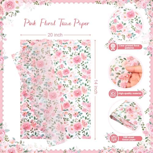 Papel de Seda Floral SUMMORO de 100 Hojas en Rosa para Regalos, 20 x 14 Pulgadas, Ideal para Bodas, Cumpleaños y Días Especiales - imagen 2