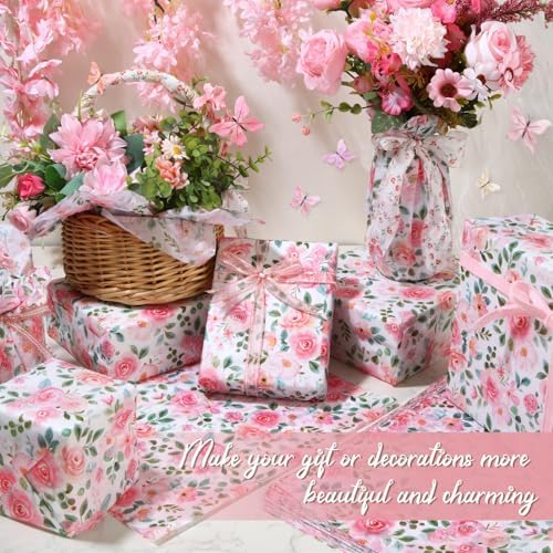 Papel de Seda Floral SUMMORO de 100 Hojas en Rosa para Regalos, 20 x 14 Pulgadas, Ideal para Bodas, Cumpleaños y Días Especiales - imagen 4
