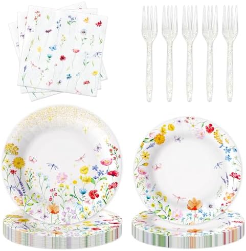 Set de 100 Platos de Papel, Tenedores y Servilletas de Flores Silvestres, Suministros Desechables para Fiestas de Verano, Baby Shower, Bodas y - imagen 1