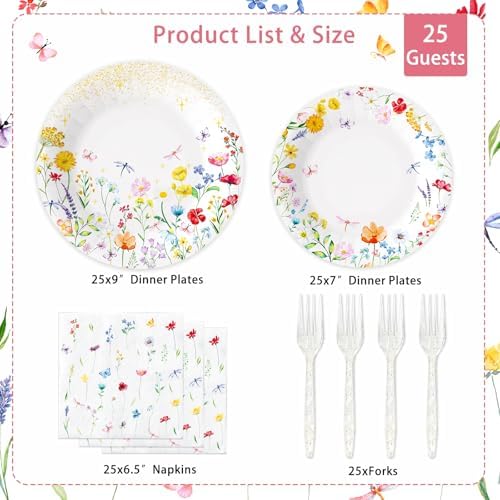 Set de 100 Platos de Papel, Tenedores y Servilletas de Flores Silvestres, Suministros Desechables para Fiestas de Verano, Baby Shower, Bodas y - imagen 2
