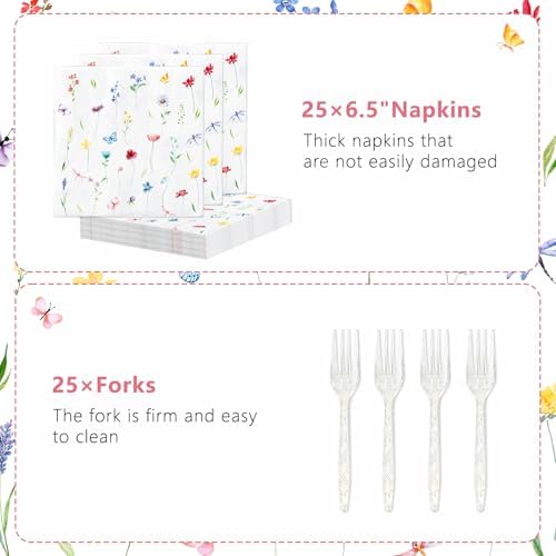Set de 100 Platos de Papel, Tenedores y Servilletas de Flores Silvestres, Suministros Desechables para Fiestas de Verano, Baby Shower, Bodas y - imagen 3