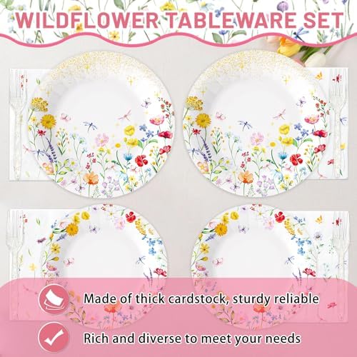 Set de 100 Platos de Papel, Tenedores y Servilletas de Flores Silvestres, Suministros Desechables para Fiestas de Verano, Baby Shower, Bodas y - imagen 4