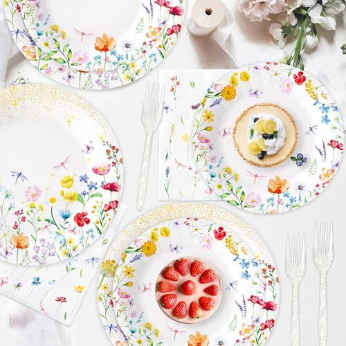 Set de 100 Platos de Papel, Tenedores y Servilletas de Flores Silvestres, Suministros Desechables para Fiestas de Verano, Baby Shower, Bodas y - imagen 5