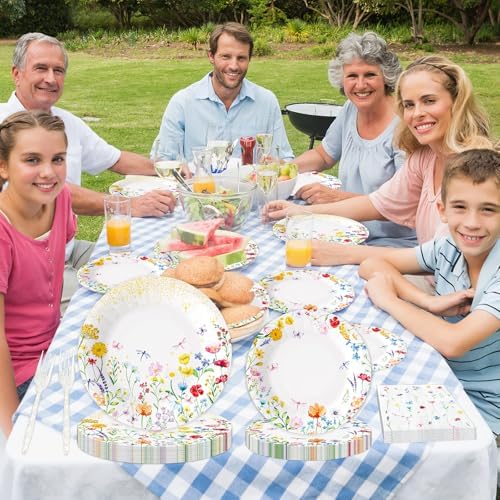 Set de 100 Platos de Papel, Tenedores y Servilletas de Flores Silvestres, Suministros Desechables para Fiestas de Verano, Baby Shower, Bodas y - imagen 6